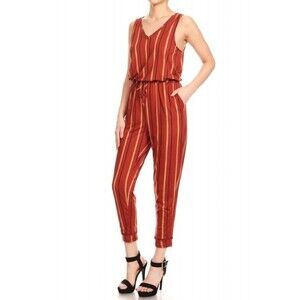 ShoSho Rusty Mustard Stripe Crop Jumpsuit XL Low Back Overlap Ties Eyelet Trim